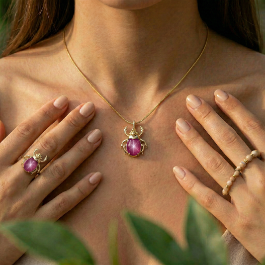 Anillo Escarabajo Estelar - Rubí Estrella Dorado